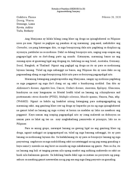 argumentatibong sanaysay halimbawa.